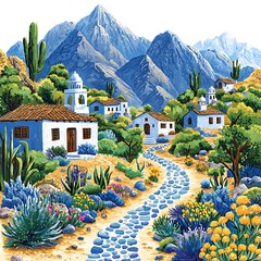 Wall Mural - Serene Mountain Village A Whimsical Watercolor Landscape.