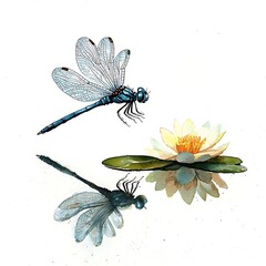 Wall Mural - Dragonfly and Water Lily Reflection - Serene Watercolor Art.