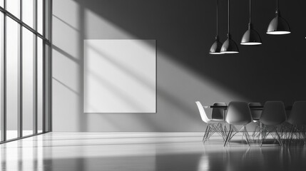 Wall Mural - Monochrome interior showcases dining setup beside a bright window