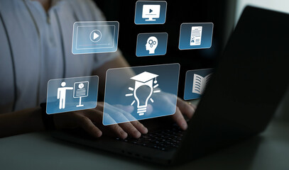 Wall Mural - digital internet lessons and online webinar on virtual screen.e-learning education.education interne