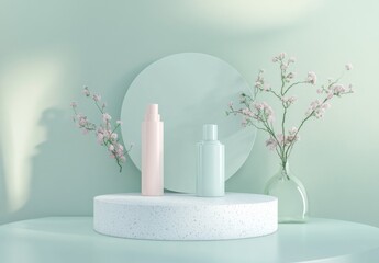 Wall Mural - Pastel bottles, spring flowers, minimal studio setup, product display