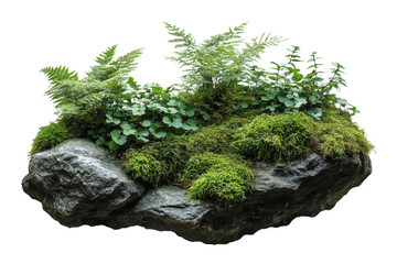 Wall Mural - moss and fern growing on rock, isolated on black