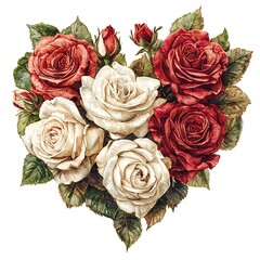 Wall Mural - Heart-Shaped Bouquet of Red and White Roses - Watercolor Illustration.