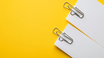 Wall Mural - Minimalist Office Supplies: Two White Papers with Metal Binder Clips on a Yellow Background