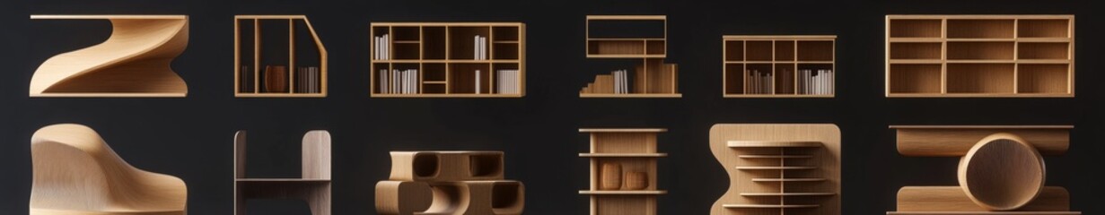 Wall Mural - Modern wooden shelving units against dark background