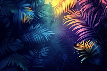 Wall Mural - Vibrant tropical foliage with colorful lighting creating a serene atmosphere in a lush jungle