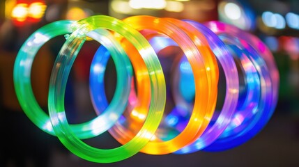 Wall Mural - colorful glowing light rings displayed in a bright night setting
