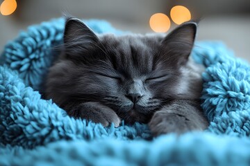 Peaceful Feline Relaxation Wrapped in Cozy Blue Blanket for Comfort and Warmth