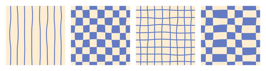 seamless abstract monochrome blue set of checkered, striped and chess wavy patterns on light backgro