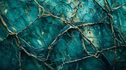 Artistic macro view of old fishing nets with faded blue and green colors, highlighting frayed edges and rough textures