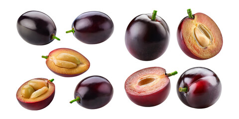 Wall Mural - Fresh Purple Plums Whole and Halved on White Background