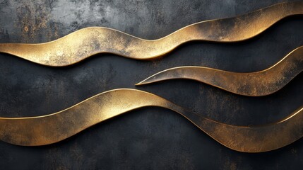 Wall Mural - Wavy Golden Ribbons Against a Dark Textured Background Create Stunning Contrast