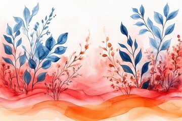 Wall Mural - Abstract Watercolor Painting with Blue and Orange Botanical Foliage on White Background