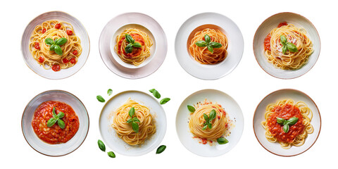 Wall Mural - Delicious Spaghetti Varieties with Basil and Tomato Sauce Display