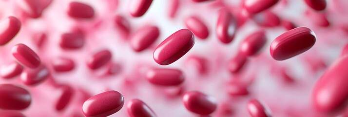 A close-up view of floating red capsules against a soft background, illustrating pharmaceutical products or medication.