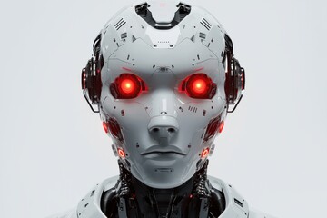 a striking head-on portrait of a futuristic humanoid robot with glowing red eyes, showcasing advance
