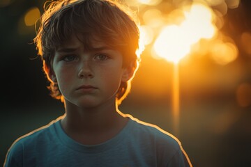 Sticker - Boy standing in front of a sunset with soft light illuminating his face in an outdoor setting