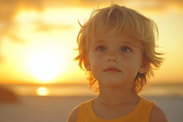 Sticker - Child enjoying sunset on the beach while gazing into the distance with a peaceful expression