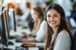 © Link Parker - Smiling woman with headset working in customer service, support agent assisting clients, call center representative communication concept
