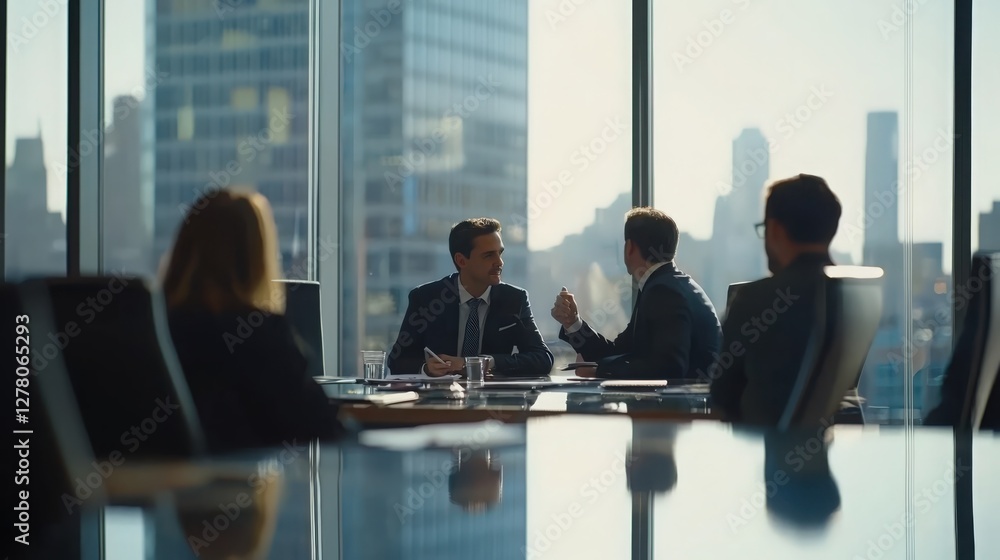 Professional business team engaged in a meeting, discussing strategies and ideas in a modern office. Ideal for corporate presentations, marketing materials, teamwork concepts, and business