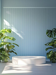 Aufkleber - Clean simple background and light blue walls with an empty white circular platform in the center, surrounded by plants and sunlight, casting soft shadows on the floor.
