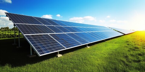 Solar Panels Array Under a Bright Blue Sky on a Sunny Day Generating Clean Energy Outdoors