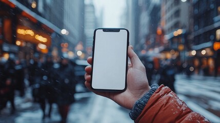 Close-up of a man holding a modern phone with a blank screen, ideal for mobile app promotions, set on a bustling city street.