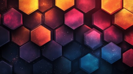 Wall Mural - Colorful hexagonal tiles create a dynamic pattern across the dark background