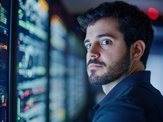 focused engineer analyzing data on multiple screens
