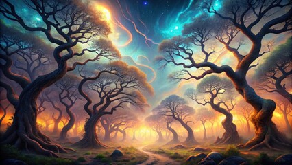 Wall Mural - Mystical Forest Path A Surreal Landscape of Twisted Trees and Celestial Wonders