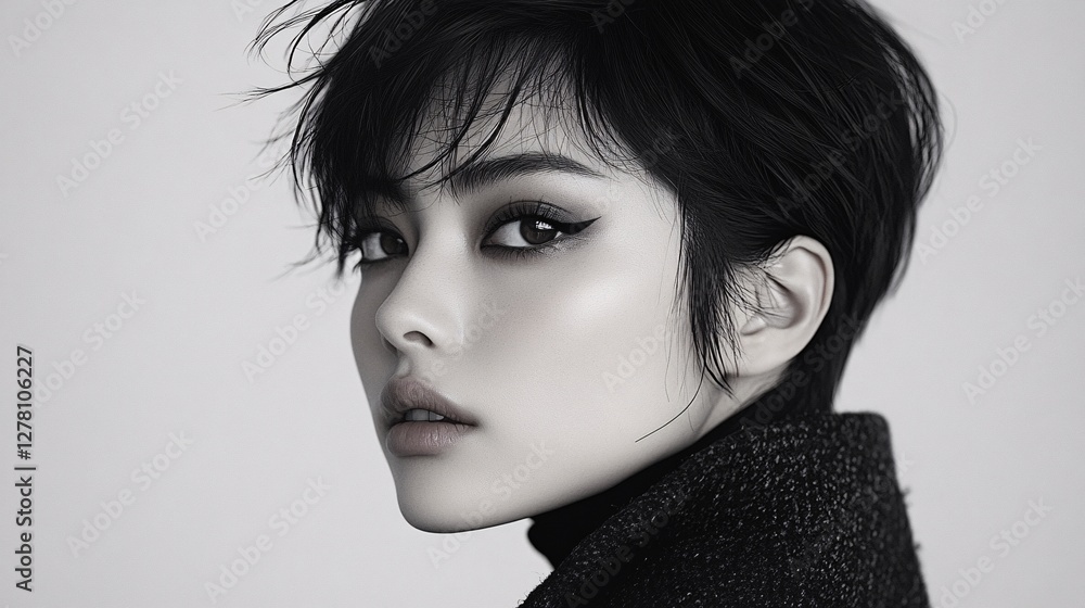 Beautiful young woman poses for a dramatic black and white portrait ...