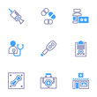 © Blockfine - Medical icon set. Bold line style. Duotone colors. Editable stroke. vaccination, pills, stethoscope, ophthalmoscope, medicine, fracture, clipboard, first aid kit, clinic