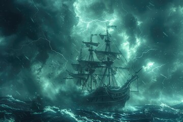 Wall Mural - a majestic sailing ship battles a ferocious storm at sea, with lightning illuminating the dramatic s