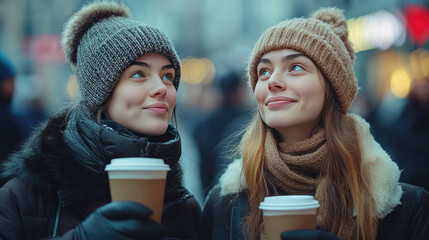 Two young woman drinking hot coffee in a cup on a city street, people in the background are blurred,