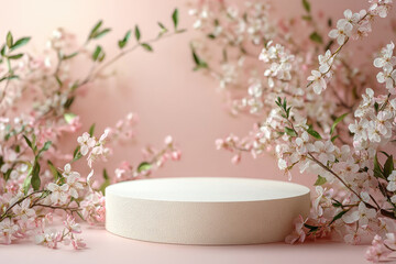 Poster - Round empty podium on a soft pastel background, surrounded by delicate flowers, perfect for Mother's Day, Women's day, March 8,Easter promotions.. Podium for product presentation and demonstration.