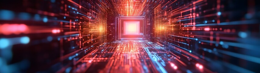 Poster - A captivating sci fi showcasing a futuristic tunnel like environment filled with a dazzling display of glowing neon lights digital energy beams and a surreal atmosphere