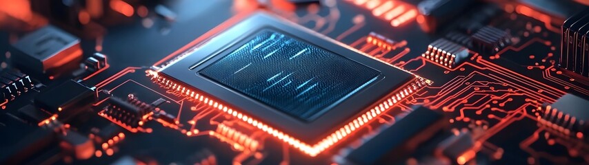 Poster - A close up detailed shot of a complex electronic circuit board with various microchips processors and other high tech components