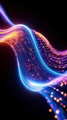 Wall Mural - Neon light waves on black background with glowing particles