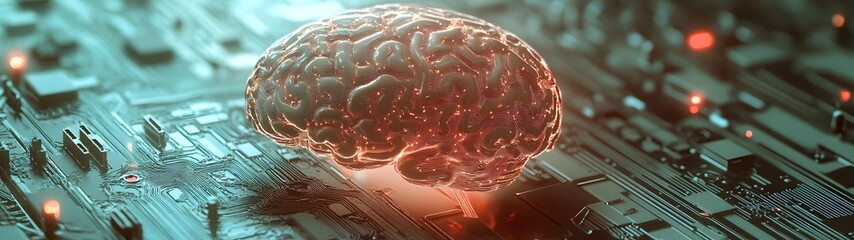 Poster - Abstract futuristic background featuring a close up view of a human brain with intricate circuit patterns and digital technology elements  Representing the intersection of intelligence