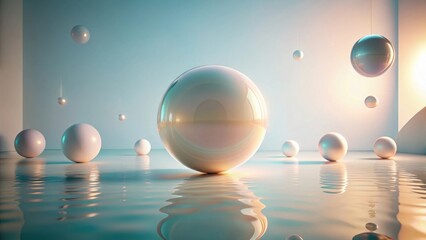 Wall Mural - Serene Spheres Reflecting in Tranquil Waters, a Dreamlike Composition of Smooth, Iridescent Orb Sculptures