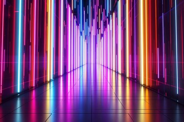 Wall Mural - abstract corridor with colorful neon lights on reflective floor.