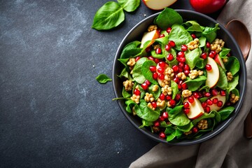 Wall Mural - Fresh spinach salad with apple slices, walnuts, and pomegranate seeds in a black bowl on dark background.