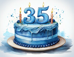 Illustration of decorated blue cake for birthday or anniversary party. Number 35, thirty-fifth birthday celebration