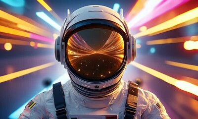 Wall Mural - astronaut helmet, neon lights, cosmic reflection, futuristic travel