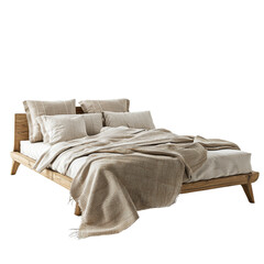 Poster - cozy wooden bed with soft beige bedding and decorative pillows, creating warm and inviting atmosphere. Perfect for restful night sleep