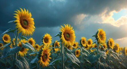 Poster - Field of sunflowers under dramatic cloudy sky with sunlight illuminating petals and glistening dew on leaves.