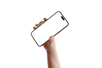 Poster - Hand raising a smartphone in the air, screen facing forward, isolated display for app, design, or interface promotion, set against a white background.