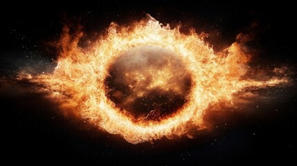 Wall Mural - a fiery circular formation resembling a celestial body, surrounded by flames, set against a dark cos