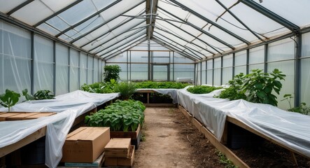 Wall Mural - Greenhouse interior with rows of vegetable plants, cultivation tables, and a pathway, surrounded by clear plastic sheets and natural light.