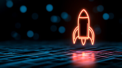 Wall Mural - neon orange rocket ship launching from digital circuit board